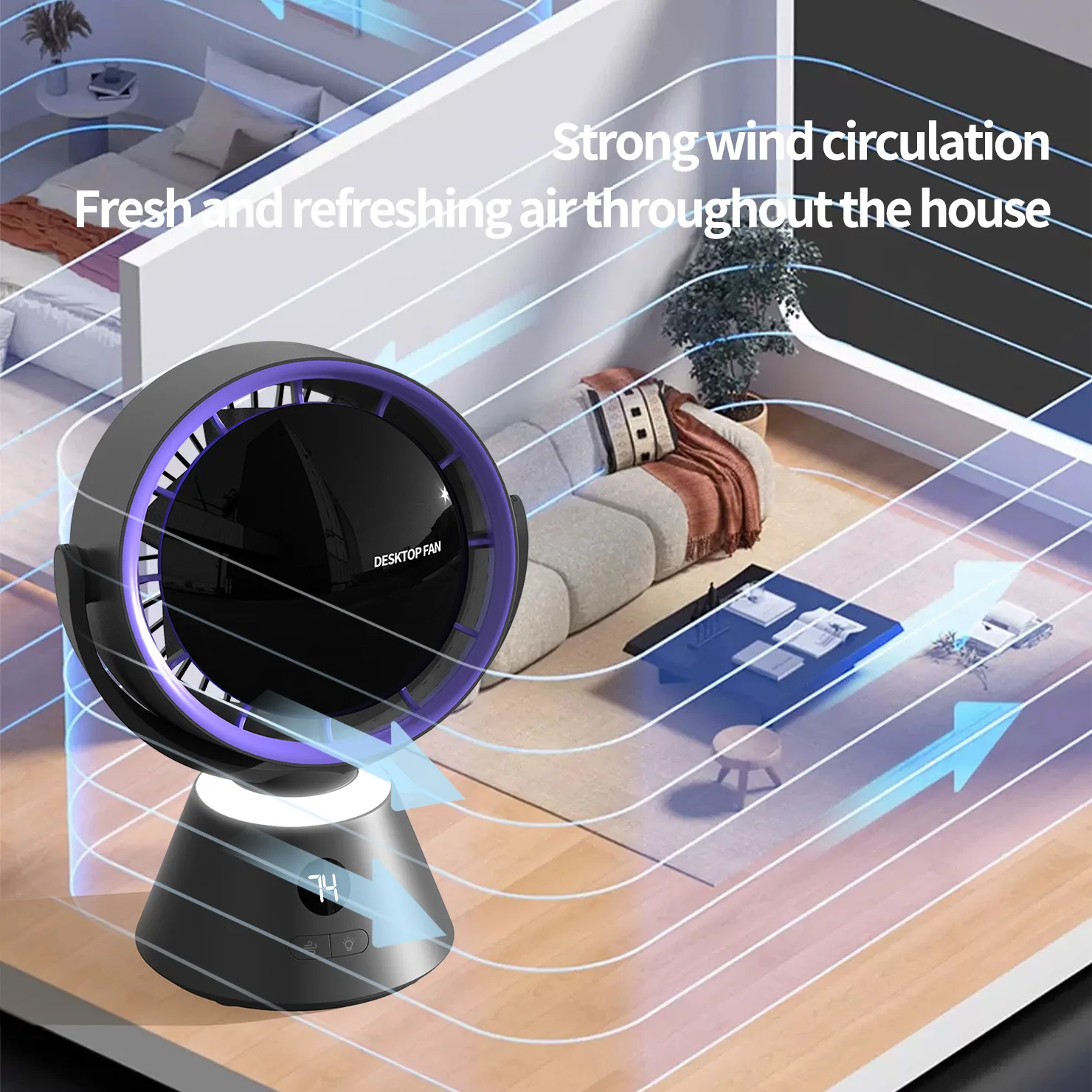 New Type C Rechargeable Desk Top Fan With Night Light High-definition Power Display Shaking Head Fan