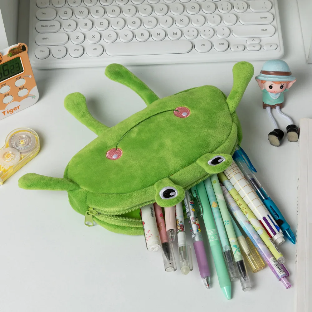 Factory Direct Custom green Frog Plush cosmetic bag large-capacity embroidery  Stationery Pen Bag travel cosmetic storage bag