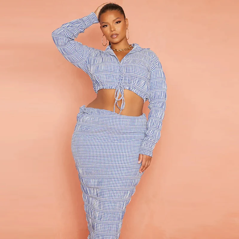 Fashion elegant women casual long sleeve drawstring crop blouse gingham slim midi skirt plus size two piece set