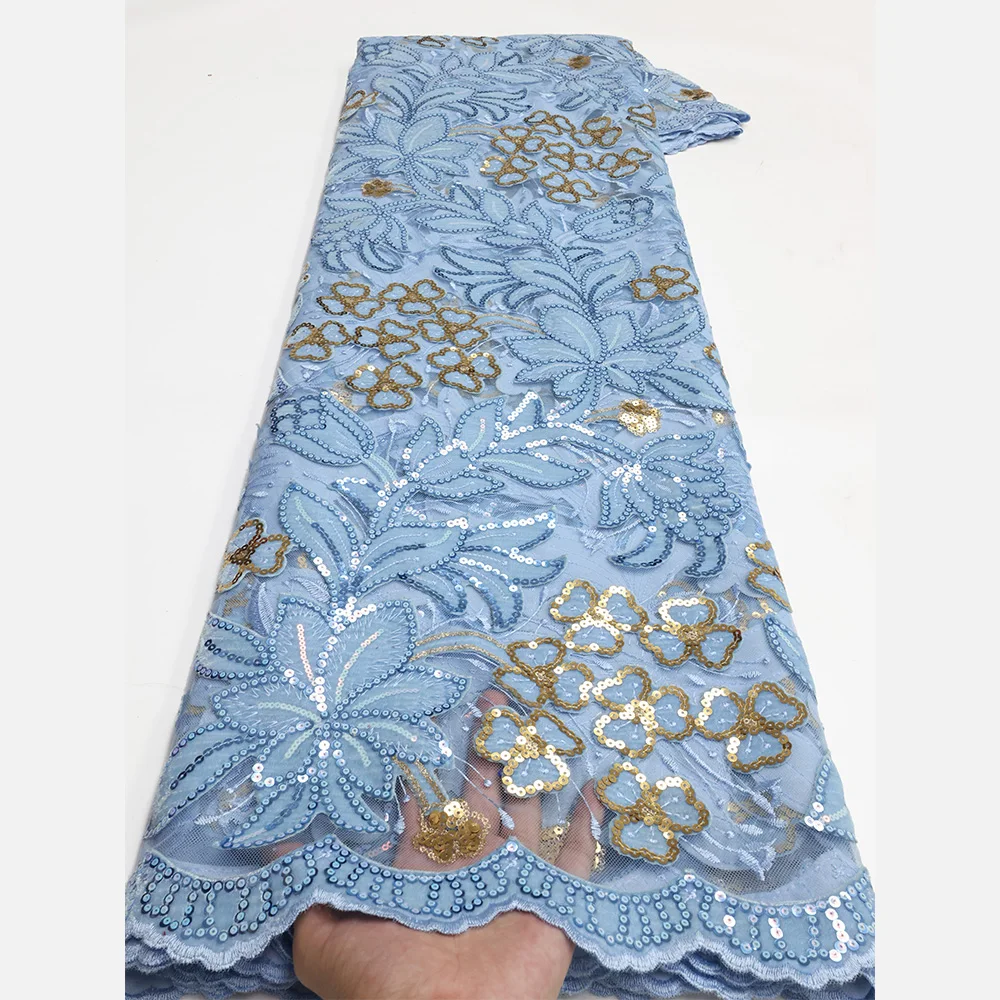 NI.AI Green and Gold Sequence Velvet Net Lace Nigerian Lace Material Embroidered Fabric for Women Dress