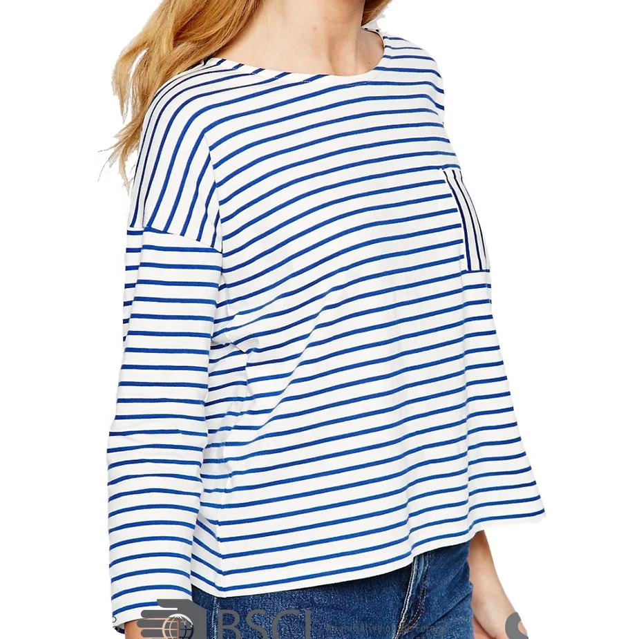Supper Soft Pure Cotton Jersey Bretton Stripe Boat Neckline Women Regular Fit Shoulder Drop t Shirt with Pocket