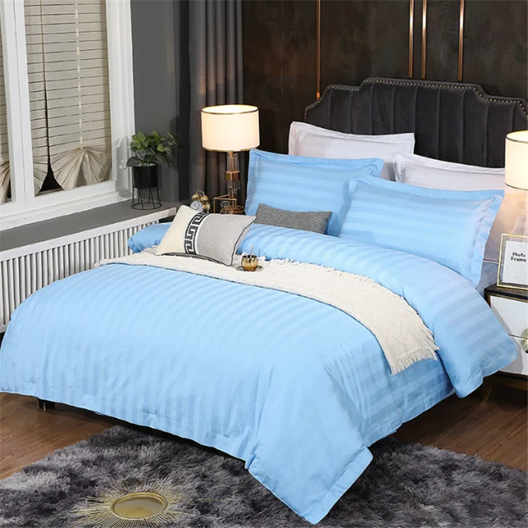 High quality Blue color 100% cotton material satin stripe  bedsheet for home and hotel