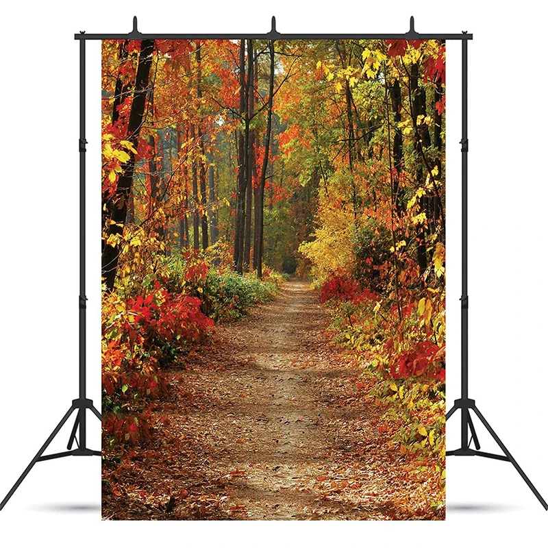5x7FT Autumn Natural Landscape Photo Backdrop Forest Trail Backdrop Red Maple Leaf Deciduous Forest Backdrop Outdoor Party