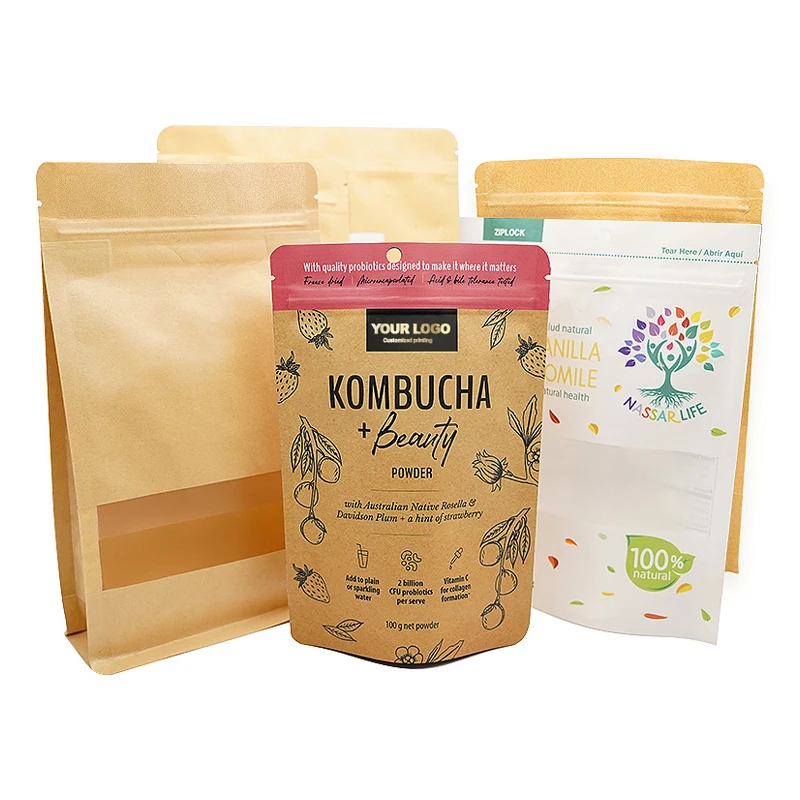 Custom Design Printed Eco Friendly Stand Up Tea Pouch Recyclable Ziplock Vertical 5lb Kraft Paper Coffee Packaging Bags