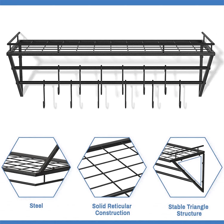 Factory Price wholesale wall mount pot and Pan rack kitchen metal storage racks