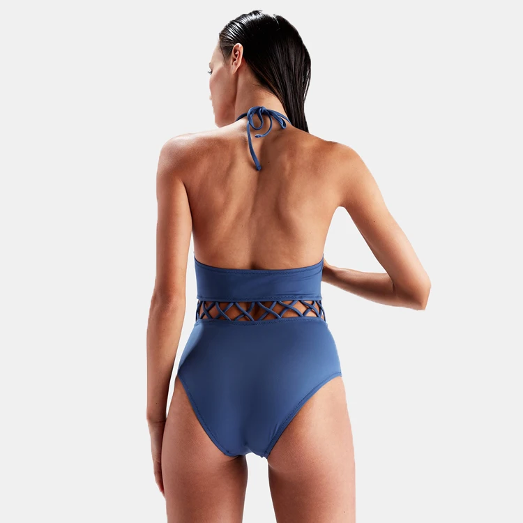 Solid color black white navy halter lace up bikini lady sexy high waisted swimming suit