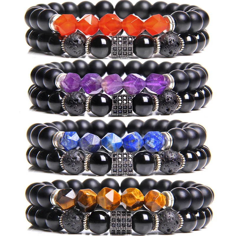 Couple  Matte Onyx 8mm Round Beads Stretch Bracelets with Faceted Gemstone Chakra Yoga Black Agate Jewelry for women men