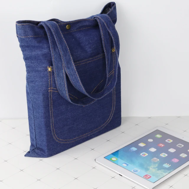 Custom Logo Denim Shoulder Shopping Navy Blue Casual  Jean Tote Bag Denim