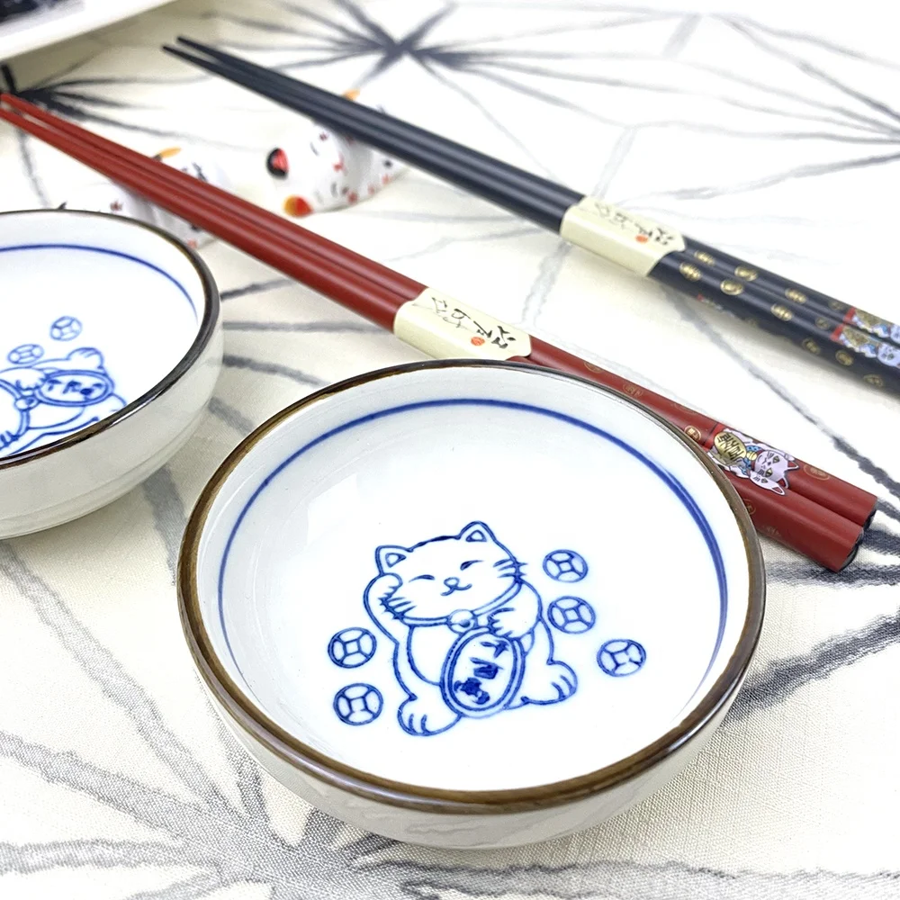 Japanese Lucky cat Ceramic Dish with chopsticks Porcelain Vinegar Plate Small Soy Sauce Dish  Diner Ware