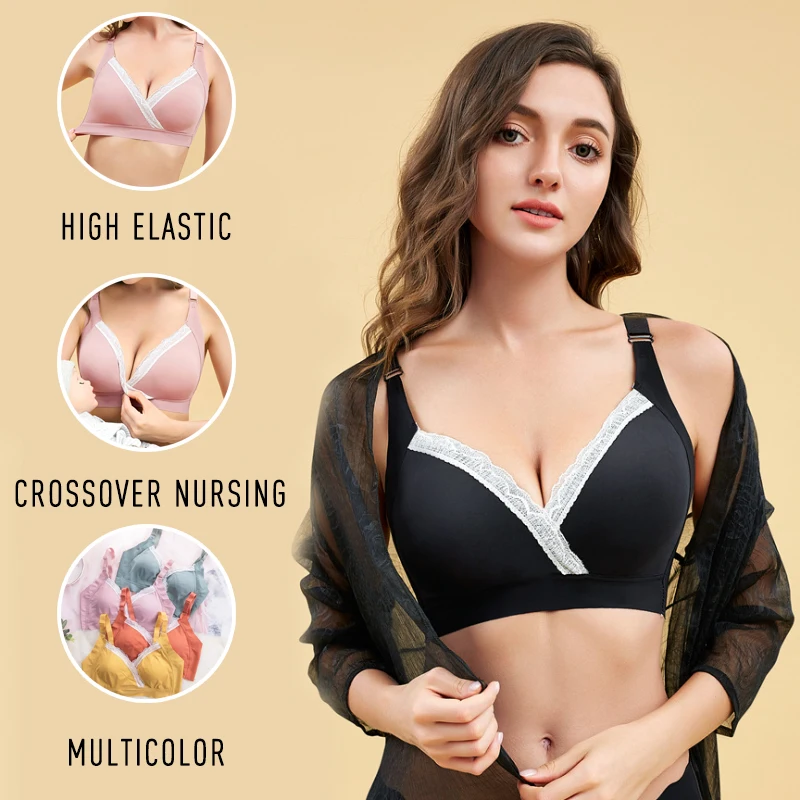 Wholesale Breathable Soft No Steel Ring Lace Crossing Breastfeeding Opening Sleep Brassiere Lactation Bra Maternity