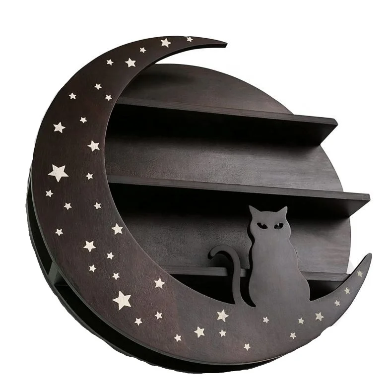 Wood Moon Shaped With Cat Shelf Wall Mounted Floating Shelves Home Wall Decor Wall Shelf for Crystals