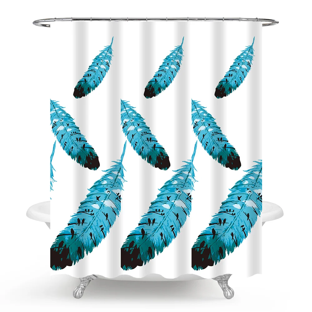 Customized Design Rotary Printed Polyester Shower Curtain Bathroom Curtain with 12pcs Plastic C hooks