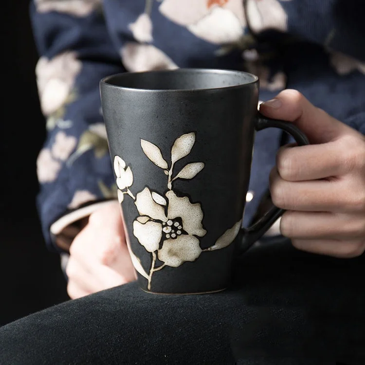 White V shape black stoneware 350ml ceramic coffee matt mug