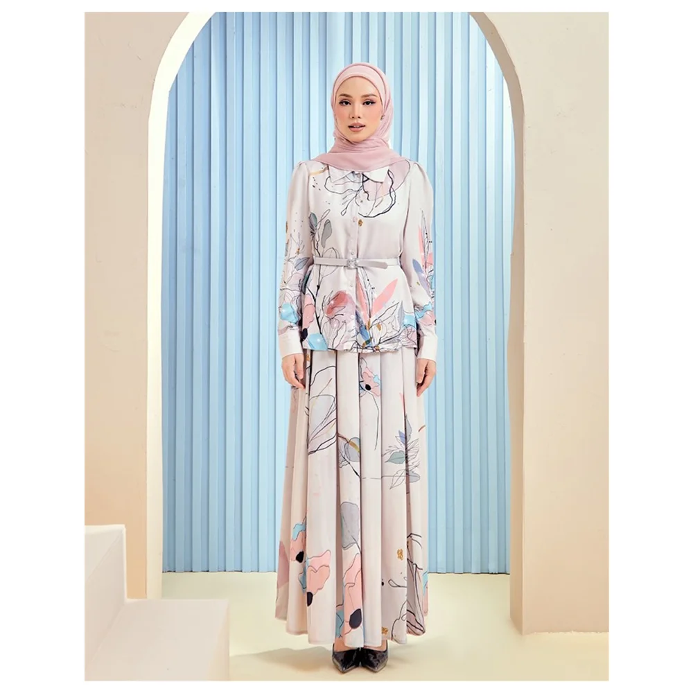SIPO 2023 Muslim Women Modest Winter Wear Two Set Box Pleat Skirt Floral Print Satin Silk Long and Top