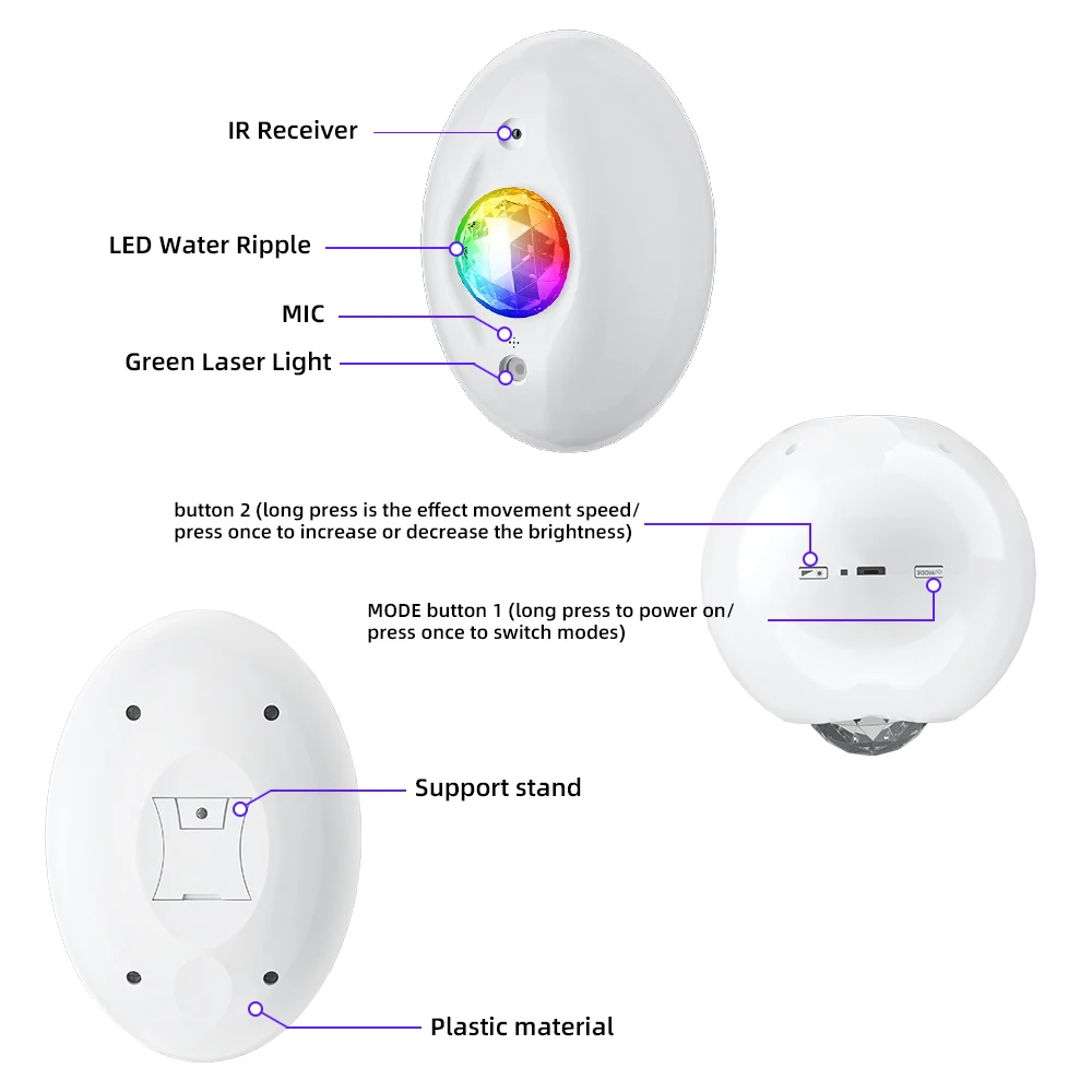 Remote Control LED Water Ripple Starry Sky Projector Light Music Party Lighting