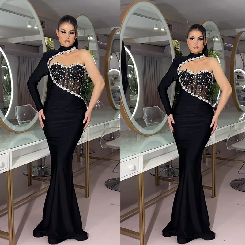 LS2446 High Quality One Shoulder Long Sleeve Luxury Diamond Hosting Stage Performance Sequins Long Bandage Elegant Evening Dress