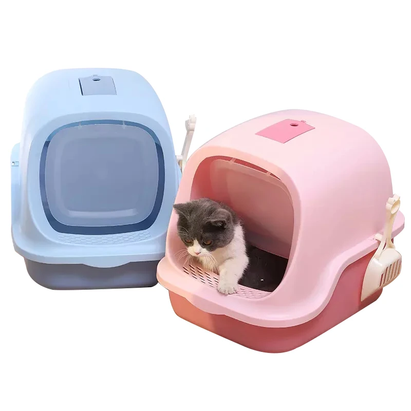 Cat Litter Box with Lid Plastic Cat Litter Boxes Enclosed Anti-Splshing Standard Kitten Toilet with Door and Pedal