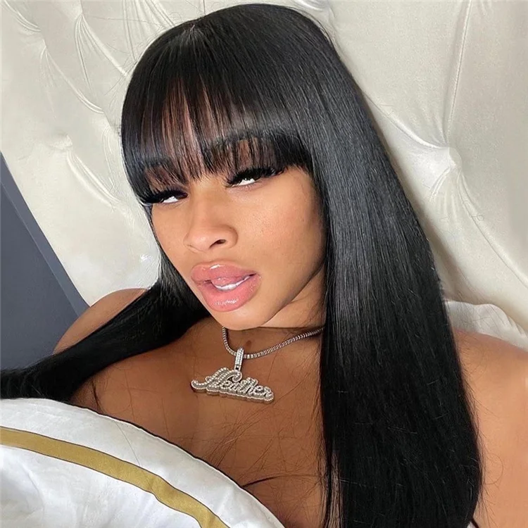 Straight Wig with Bangs Fringe Human Hair Wig with Bangs for Women Brazilian Remy Hair Glueless Full Machine Made Wig with Bang
