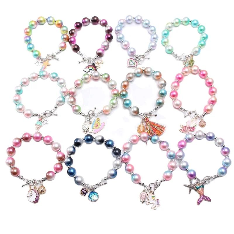 
Lovely Charms Bracelet Unicorn Mermaid Pendant Bracelet Rainbow Plastic Pearl Bracelet for Kids Baby Girls Chunky Beads Jewelry 