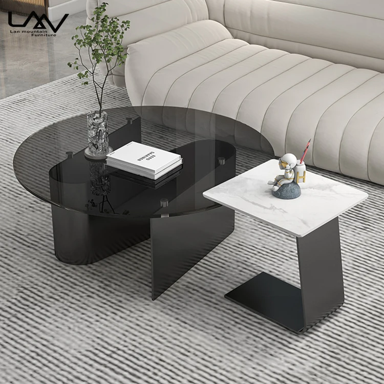 Nordic Style Living Room Black Coffee Table Hotel Villa Luxury Metal Frame Glass Top Round Coffee Table And Side Table Set