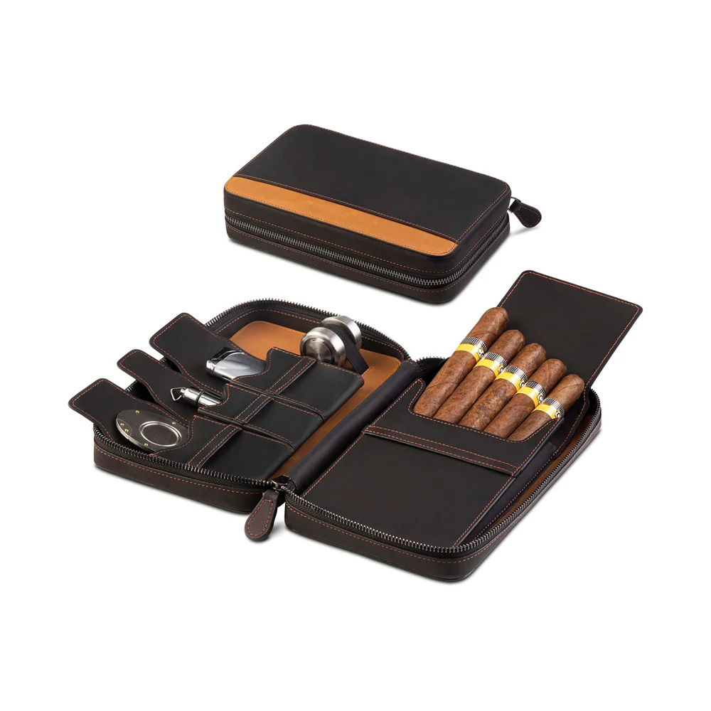 Wholesale Custom Portable Travel Cigar Humidor Case Box Bag Leather Humidor Waterproof Leather Cigar Accessories