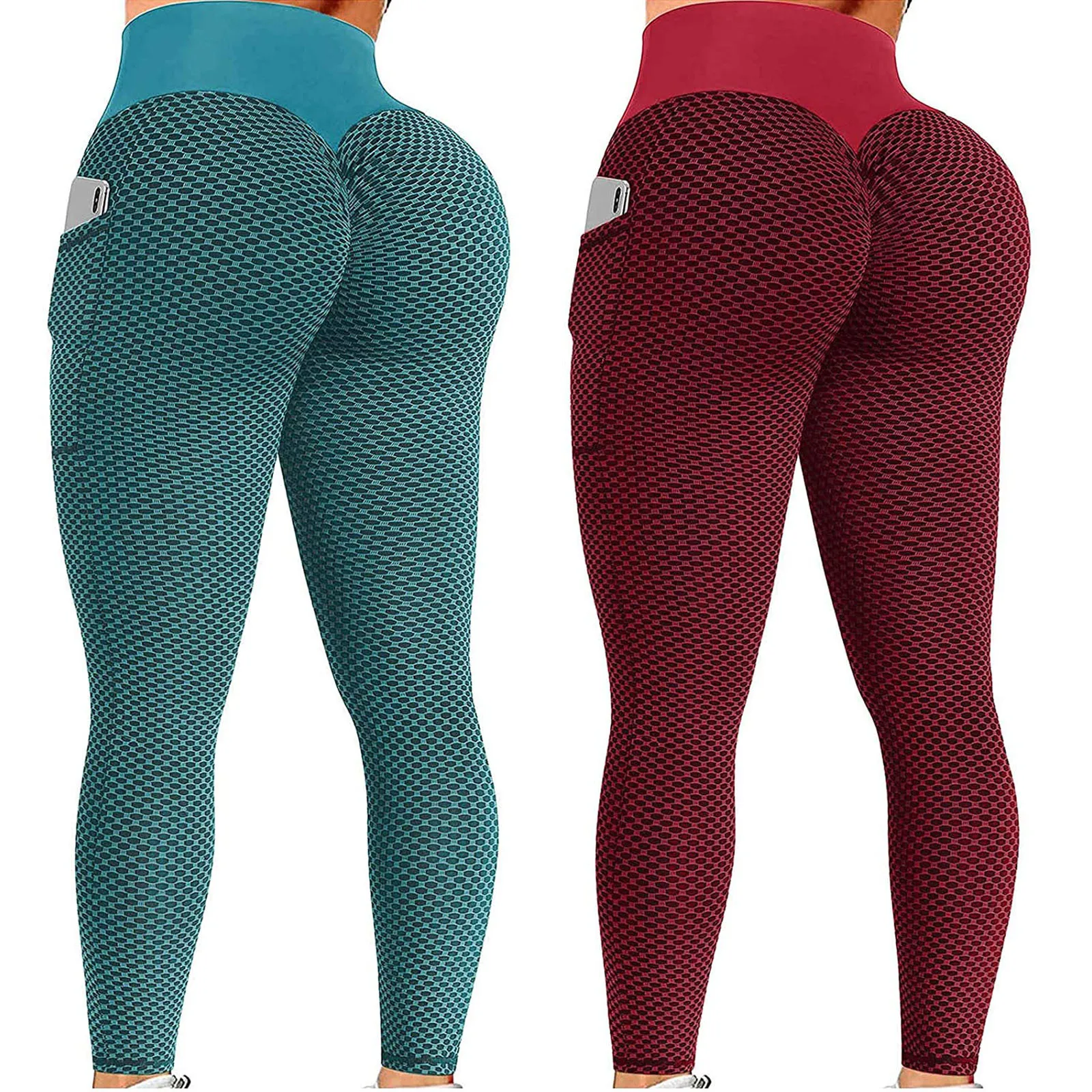 Nanchang Auyan Tik Tok Print Pocket Women Buttock Lifting Tights Seamless Honeycomb Yoga Legging Two Piece Of Set