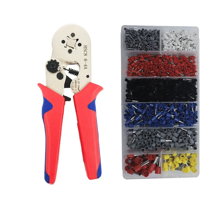 European tubular terminal HSC8 6-4A+1200 crimping pliers insulation crimping pliers manual tool set Red blue handle white head