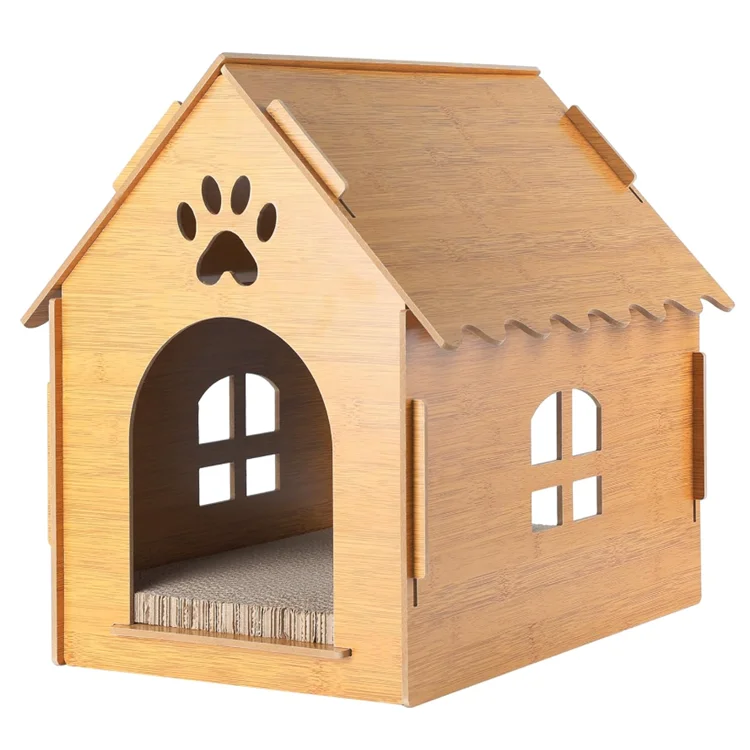 Wooden Cat Scratcher House Cardboard Cat House Easy to Assemble Cardboard Pad