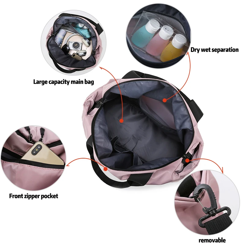 Amazon hot selling fashion Nylon Waterproof women Pink Weekend Gym Travel Bag tot Duffel bag with computer interlayer