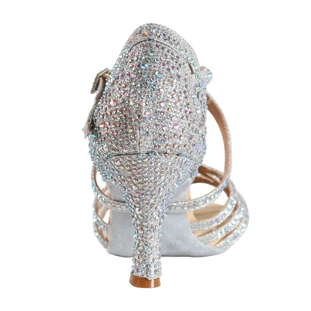 Женские атласные туфли для латиноамериканских танцев на высоком каблуке со стразами