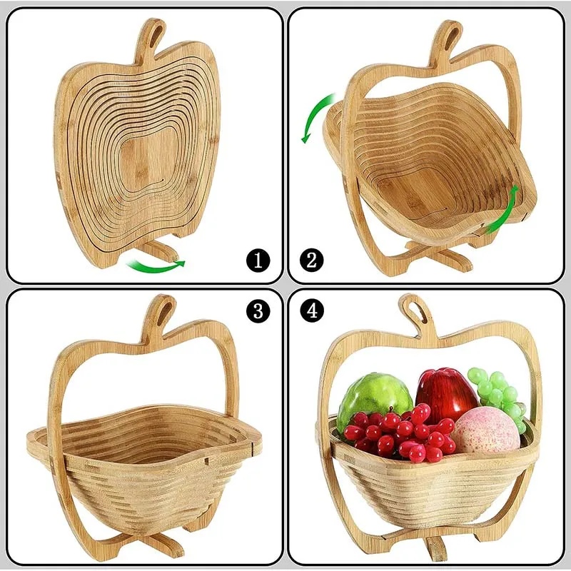 Collapsible Bamboo Fruit Basket Dried Tray Wooden Snack Box Holiday Food Tray Bowl Holder for Kitchen Table