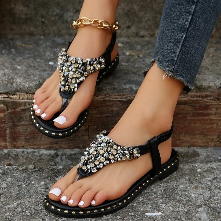 Custom Logo Women Sexy Diamond Flat Sandals Plus Size Summer Beach Flip Flop Slipper Sandals