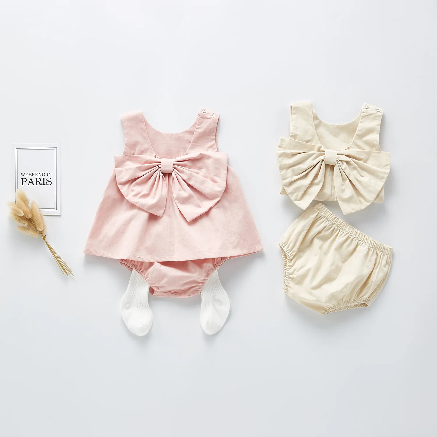 Children Clothing Linen Summer Baby Girl Suit Infant 3-6-9 Months Bow Solid Sleeveless Adorable Top Pants Two-piece Set