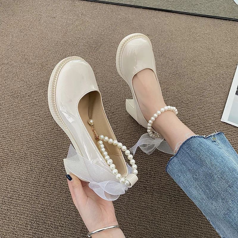Round Head Square Chunky Thick Platform Crystal Pearl Jewellery Chain Ribbon Butterfly Bowknot Latest Design Mary Jane Shoes