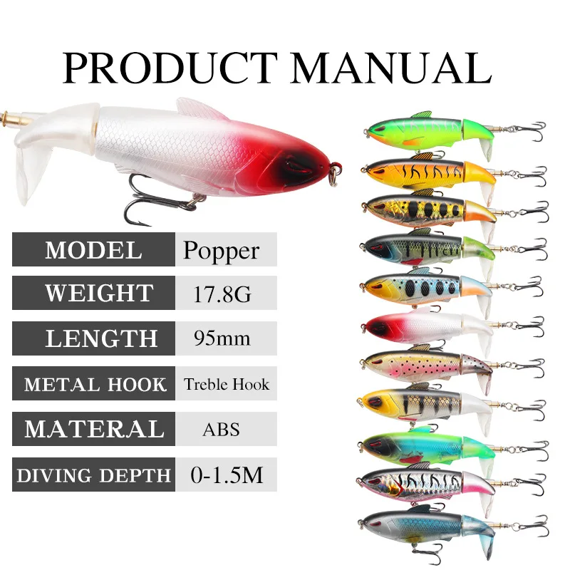 17g/105m Whopper Popper Fishing Lure For Carp Pike Topwater Floating Double Propeller Soft Rotating Tail Hard Bait Bass Swimbait