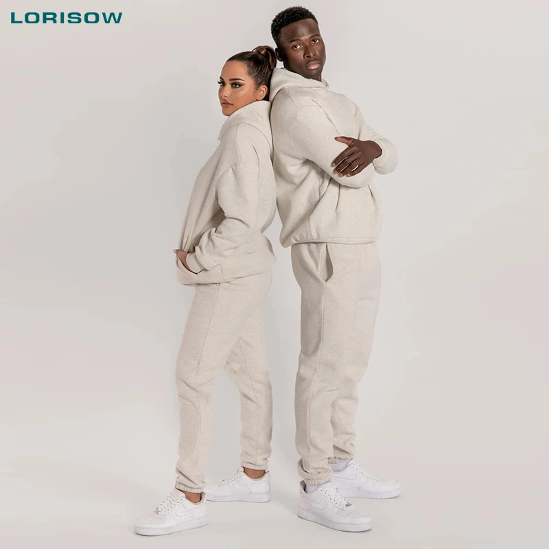 LORISOW autumn women men unisex custom logo knitting plain dyed pullover cotton white crewneck sweatshirt set