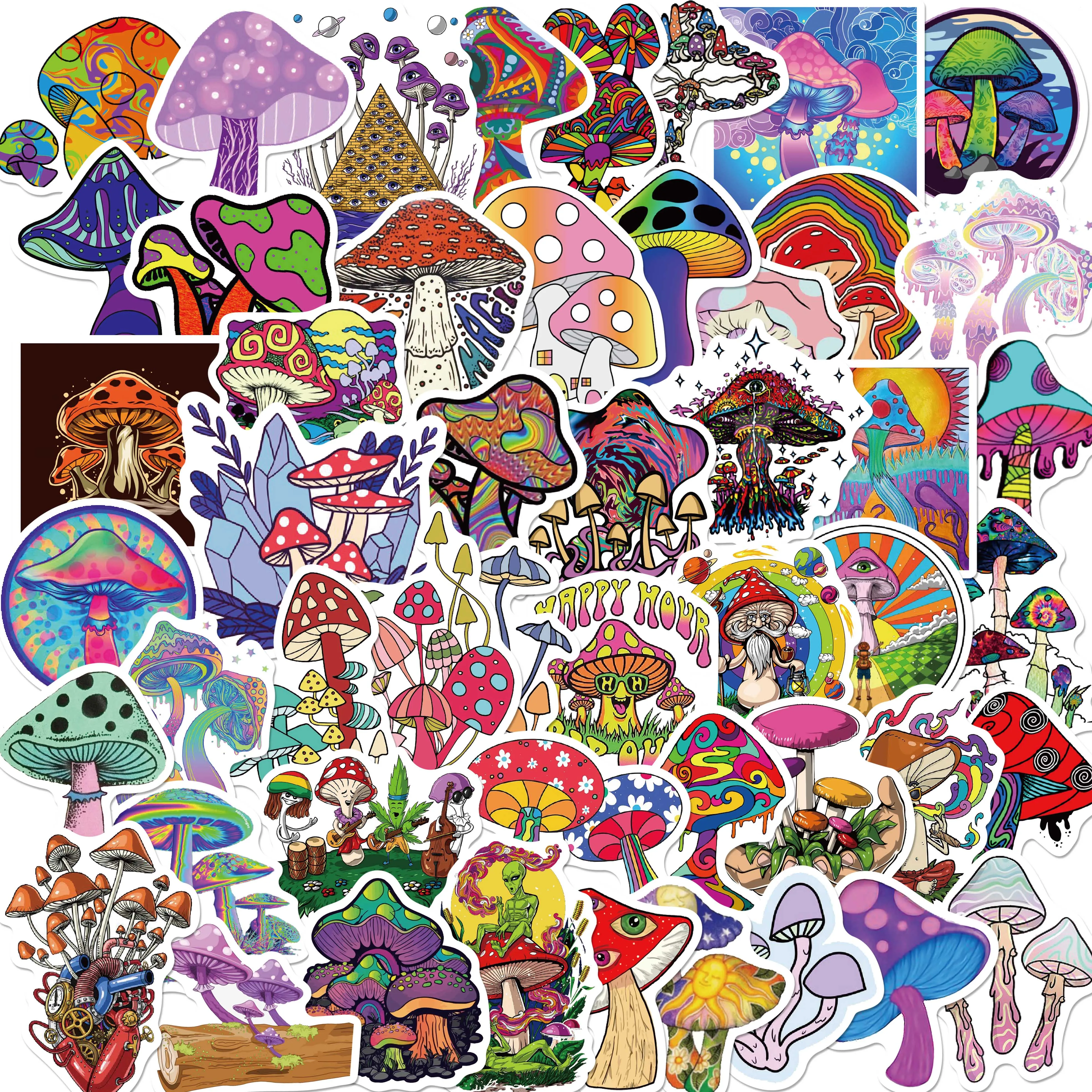 50PCS Cartoon Psychedelic Mushroom Sticker Cute Color Magic Plant Funny Anime Stickers Phone Laptop Stickers Decals