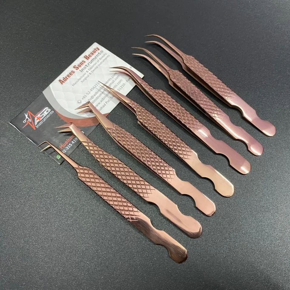 Rose Gold Japanese Stainless Steel Eyelash Extension Tweezers Hand-Tested Diamond Grip Pointed Volume Fiber Plasma Sustainable
