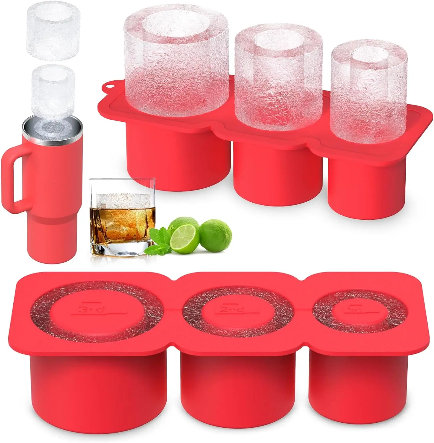 for Stanley Cup Ice Cube Tray with Lid Freezer Making 3 Hollow Cylinder Silicone Ice Cube Mold for Stanley 30-40 Oz Tumbler Cup