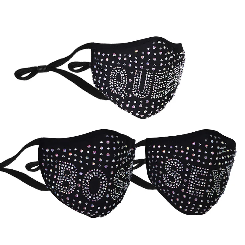 
Factory Direct Supply Diamond Masks for Men and Women Pm2.5 Filter Washing Drill Hot Fix Rhinestone Mask Letter Party Masks 