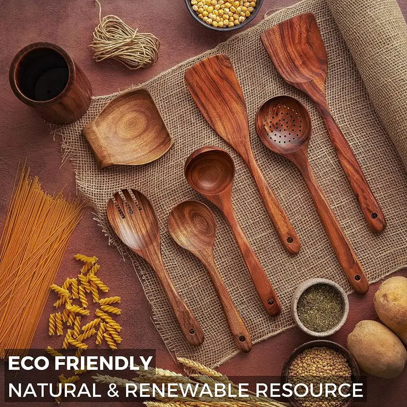 Teak Wood Spoons and Spatula Nonstick Natural Kitchen Cookware Wooden Utensils set for Cooking with Holder