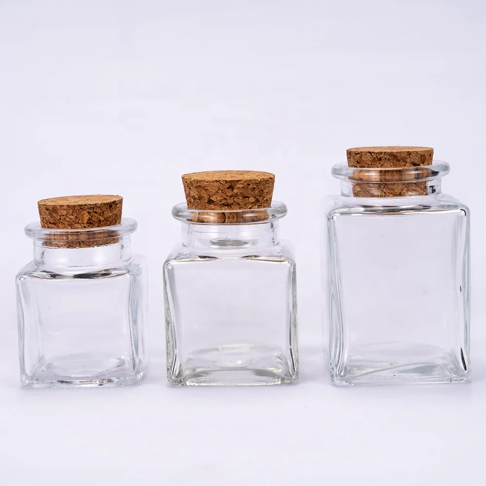 wholesale 50ml 70ml 100ml Eco-friendly cork stopper lid clear glass jar mini square glass spice bottle for saffron