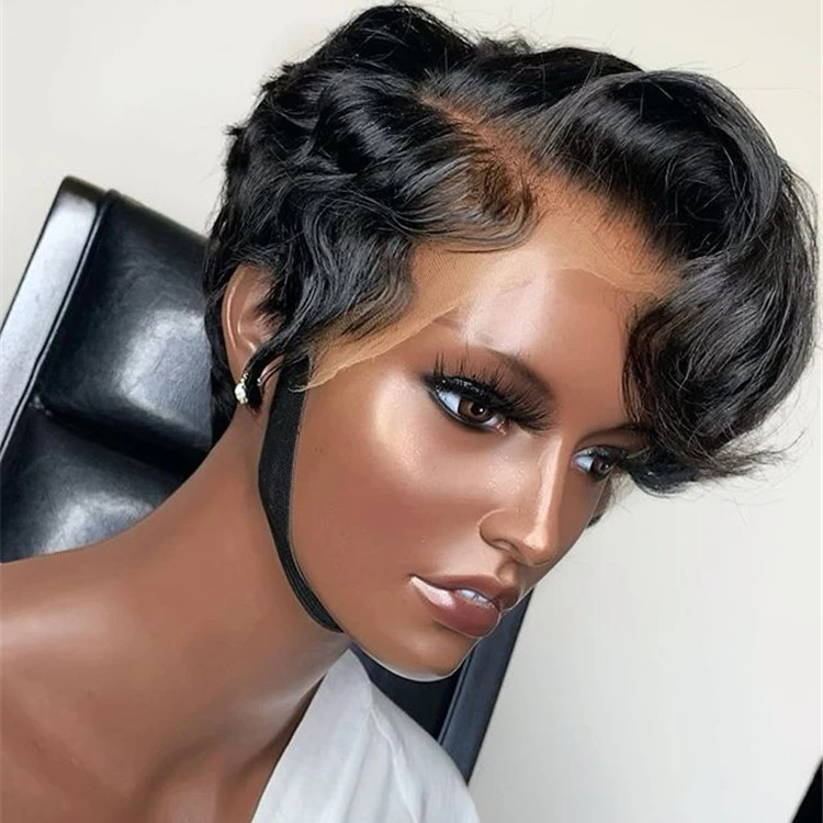 Factory Hot Style Summer HD Swiss Lace Raw Virgin Human Hair Silky Wave Short Perruque Pixie Cut Lace Front Wigs For Black Women