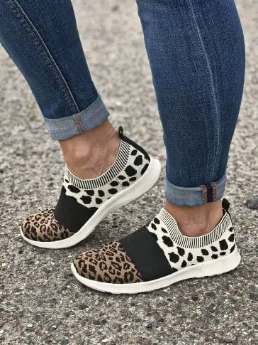 Women Shoes Leopard Sock Sneakers Women Slip On Flat Shoes Women Plus Size Loafers Flats Walking