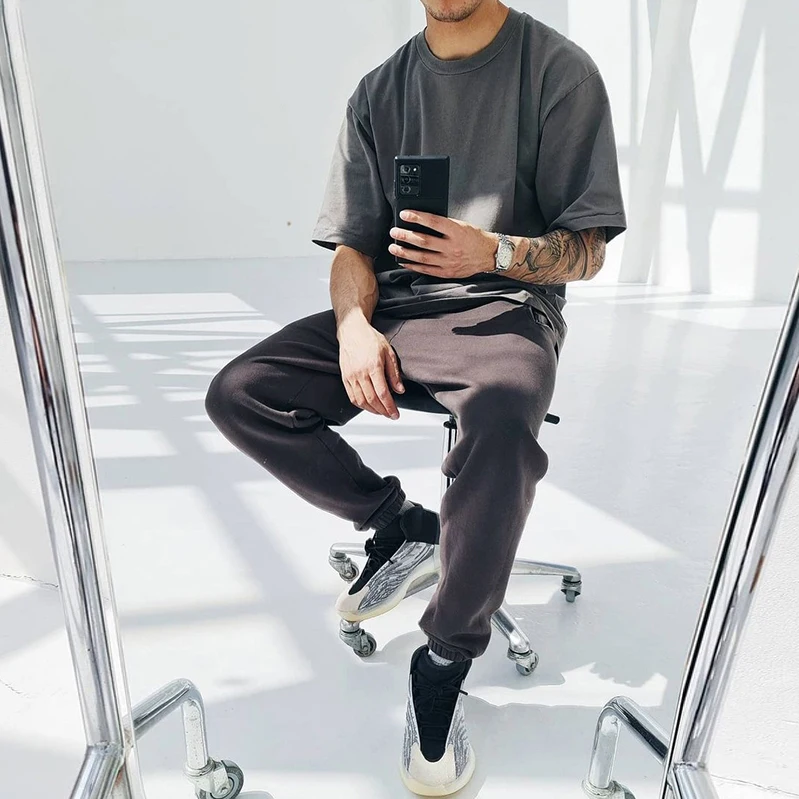 Plain Sweat Pants Winter Fleece Elastic Bottom Casual Streetwear Grey Men Joggers