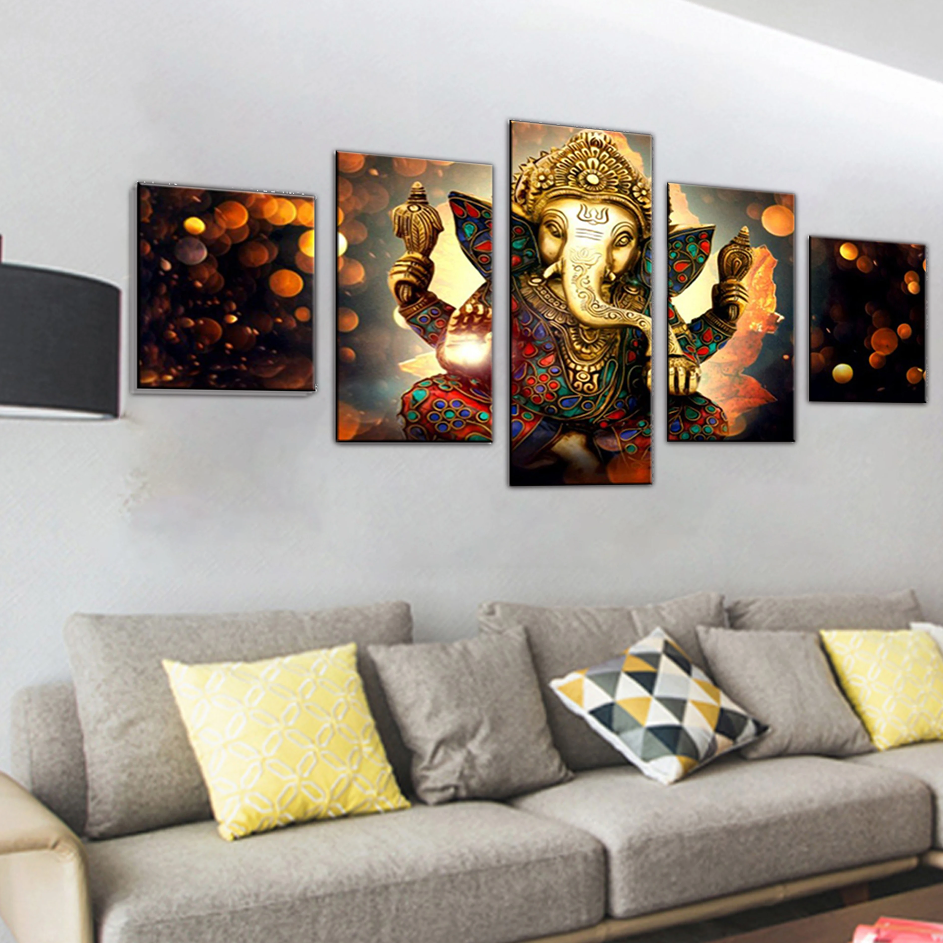 5 panel 3D Hindu Ganesh painting canvas wall art acrylic spray prints Elephant god picture factory custom artwork