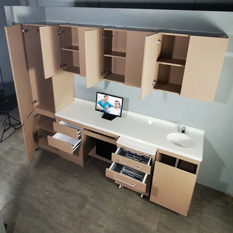 Bacteriostatic dust proof modern european style portable dental lab wall cabinet wooden color dental office cabinet with sink