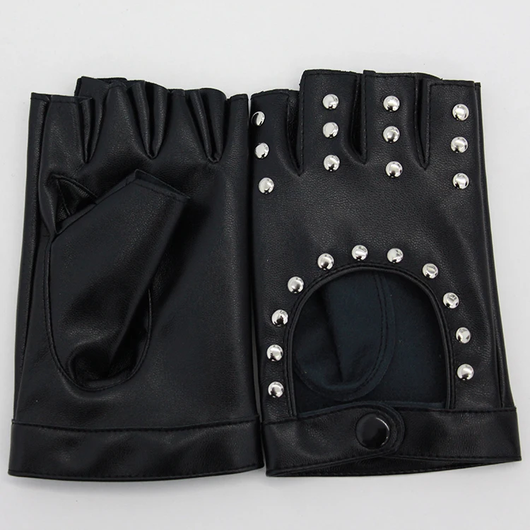 
Ladies Fitness Faux Leather PU Metal Rivet Summer Non-slip Free Size Sports street dance stage Half finger Gloves 