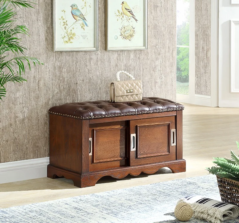  Modern Classic American Antique Upholstered Fitting Wood Shoe Storage Bench Cabinet Entryway with