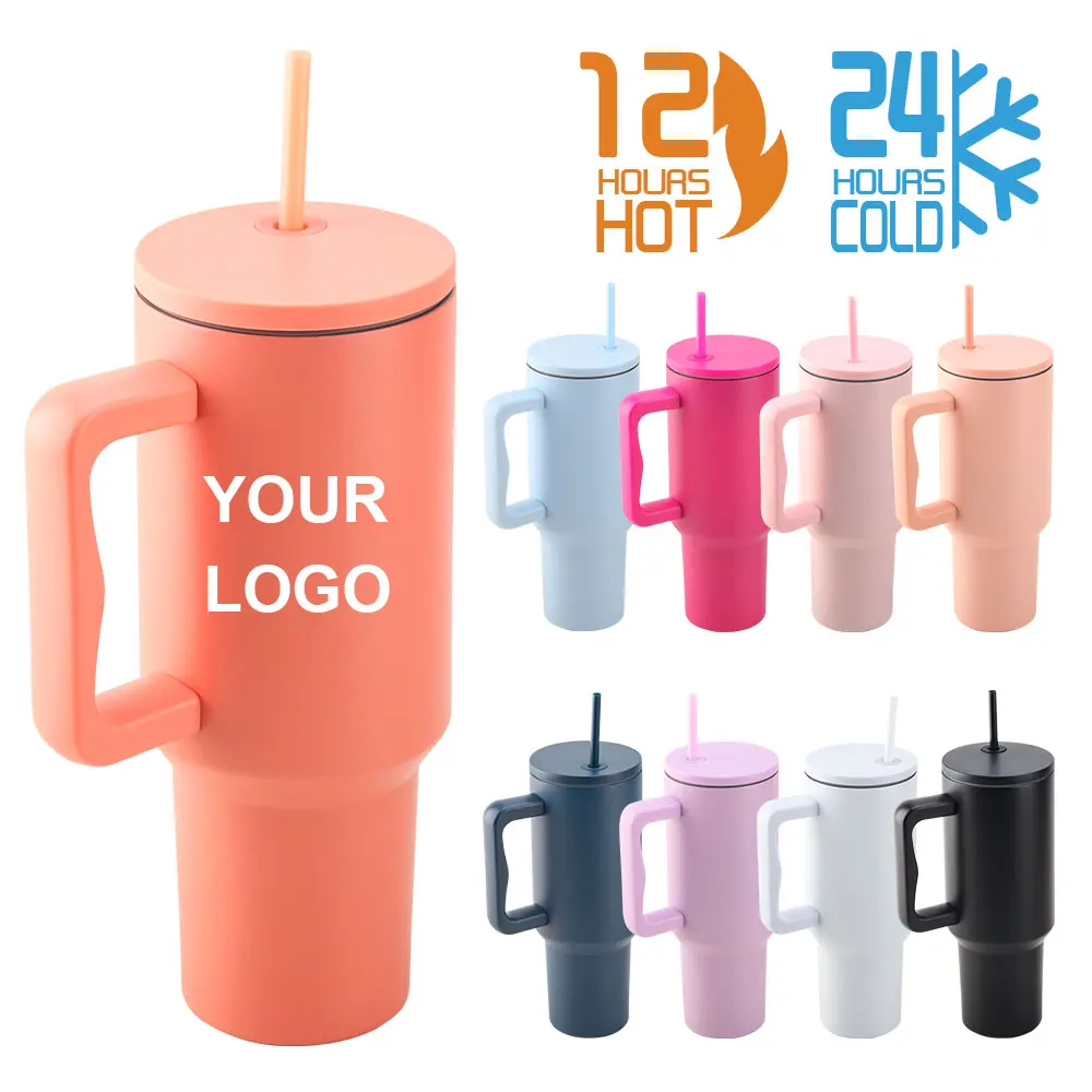 Custom Logo Double Wall Car Travel Sports Mug 40 oz Stainless Steel Insulated Coffee Beer Tumbler With Handle And Straw